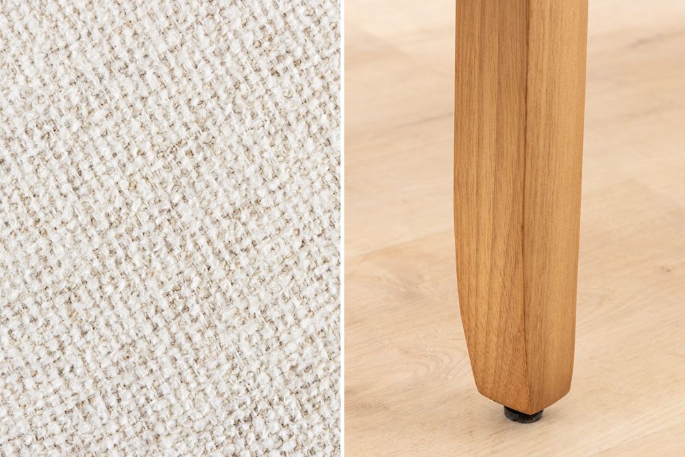 Design Stuhl CASA beige Bouclé Tweed Soft Massivholzbeine Zierknöpfe und Nackenrolle