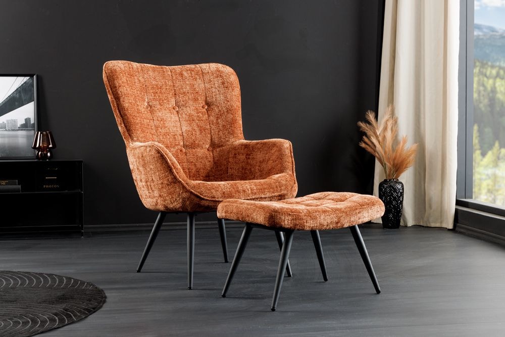 Design Sessel SCANDINAVIA rost braun Chenille Cremona schwarz Metall mit Armlehne