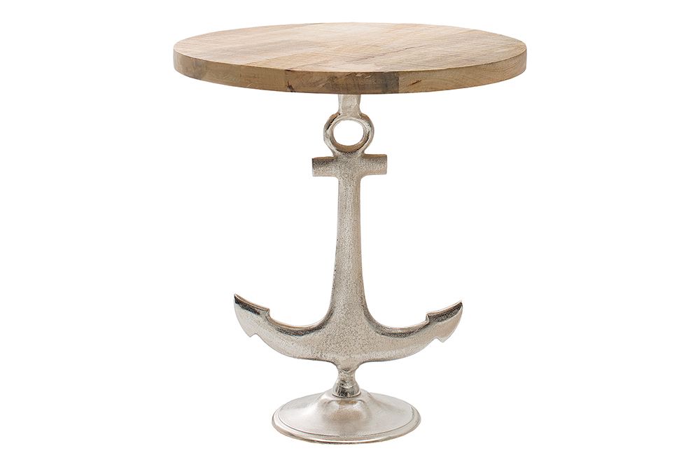 Maritimer Beistelltisch SEVEN SEAS 50cm silber Anker-Design rund Mangoholz Metall