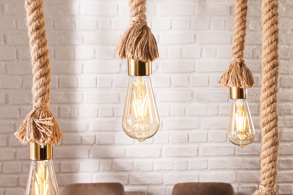 Maritime Hängeleuchte SEVEN SEAS 110cm Massivholz Seil Deckenlampe 5 Leuchten