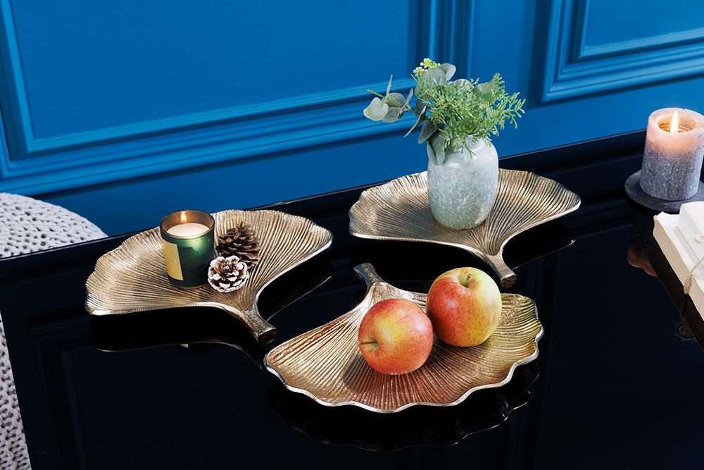 Dekoratives Schalen 3er Set GINKGO 30cm gold handmade Metall