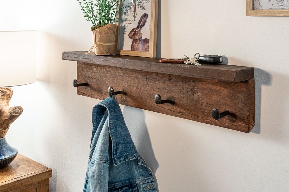 Massive Wandgarderobe HEMINGWAY 60cm natur recyceltes Teakholz mit Ablage