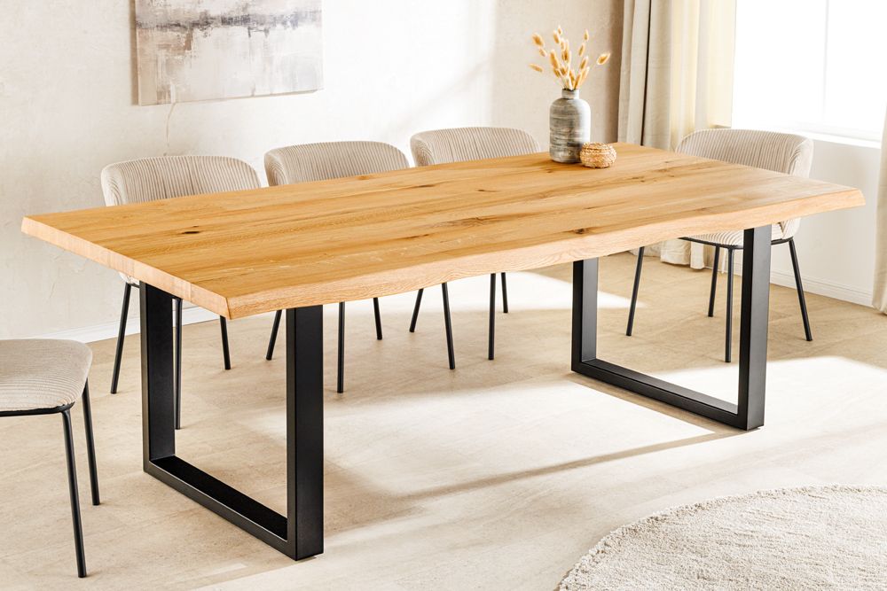 Massiver Esstisch WILD OAK 160cm natur schwarz Wildeiche Baumkante U-Gestell Metall