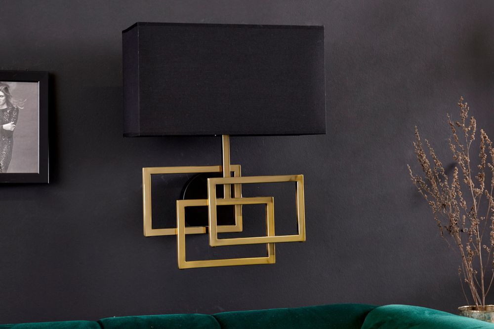 Moderne Wandleuchte ATLANTIS 44cm gold Stoffschirm schwarz Lampe