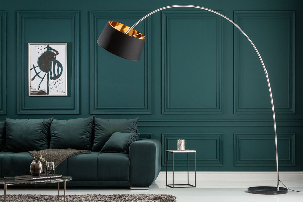 Design Bogenlampe FORMA 215cm schwarz gold Stehlampe mit Marmorfuß