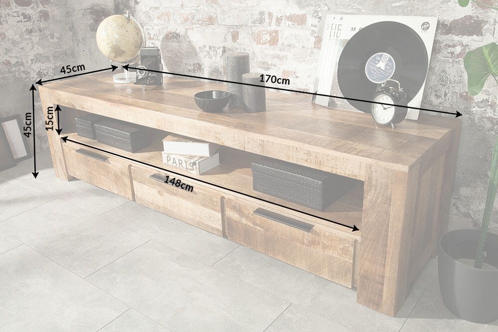 Massives TV-Board IRON CRAFT 170cm  Mangoholz Lowboard 3 Schubladen
