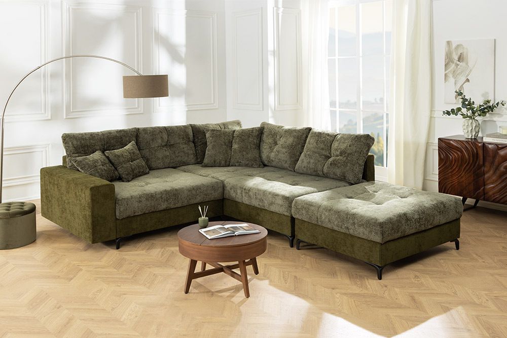 Ecksofa KENT 220cm grün Bicolor Chenille Federkern inkl. Hocker und Kissen