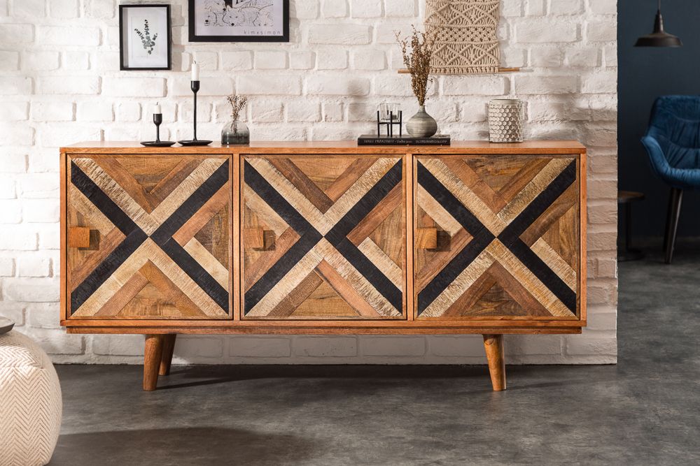 Elegantes Sideboard LONG ISLAND 160cm Mangoholz-Optik mit Retro Muster