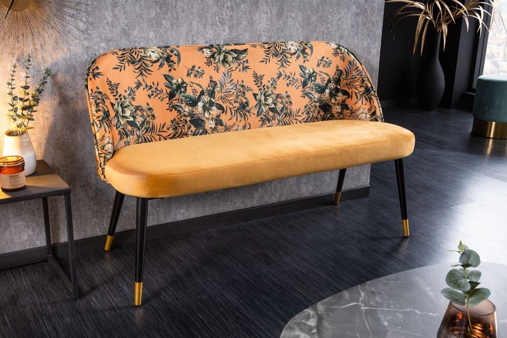 Design Bank PRÊT-À-PORTER gelb Samt florales Muster und goldene Fußkappen