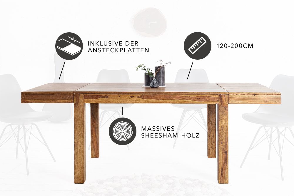 Massiver Holz Esstisch PURE 120-200cm braun Sheesham stone finish mit Ansteckplatten