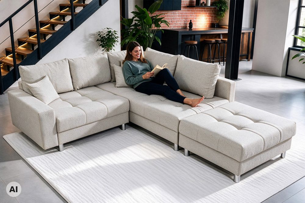 Wohnlandschaft KENT 220cm beige Strukturstoff  Ecksofa Federkern inkl. Hocker