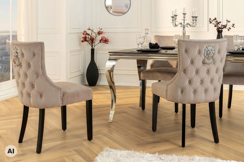 Chesterfield Stuhl CASTLE DELUXE cappuccino Samt mit Löwenkopf Nieten