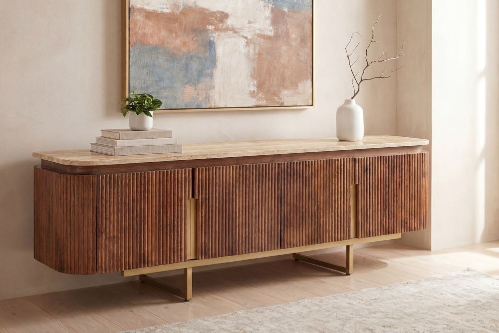 Design TV-Board GATSBY 160cm braun gold Mangoholz mit Travertin Metallgestell