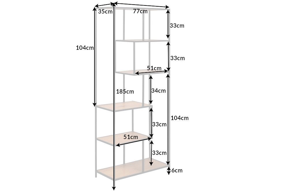 Industrial Bücherregal SLIM LINE 185cm Wildeiche schwarz sechs Regalböden