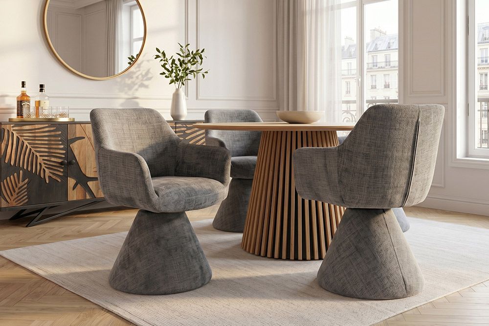 Drehbarer Stuhl AMBIENTO grau Bouclé 180° mit Auto-Return Polsterstuhl