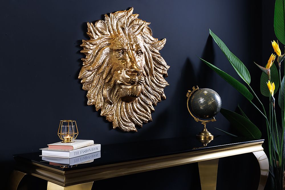 Goldene Wanddeko WILDLIFE LION 60cm gold Metall Löwenkopf-Skulptur handmade