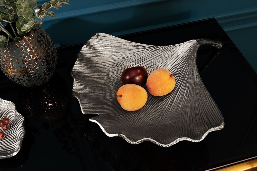 Dekorative Schale GINKGO 45cm silber handmade Metall