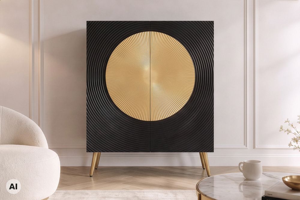 Massives Highboard AURUM 120cm schwarz Mangoholz mit ikonischem Gold-Element