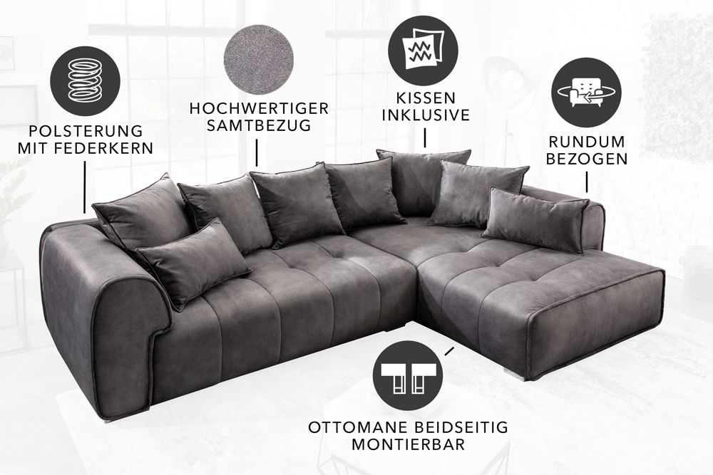 Modernes XXL Ecksofa CLAN 320cm anthrazit Samt Bigsofa inkl. Kissen