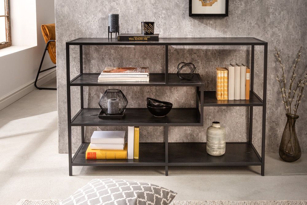 Industrial Bücherregal SLIM LINE 114cm Esche schwarz fünf Regalböden