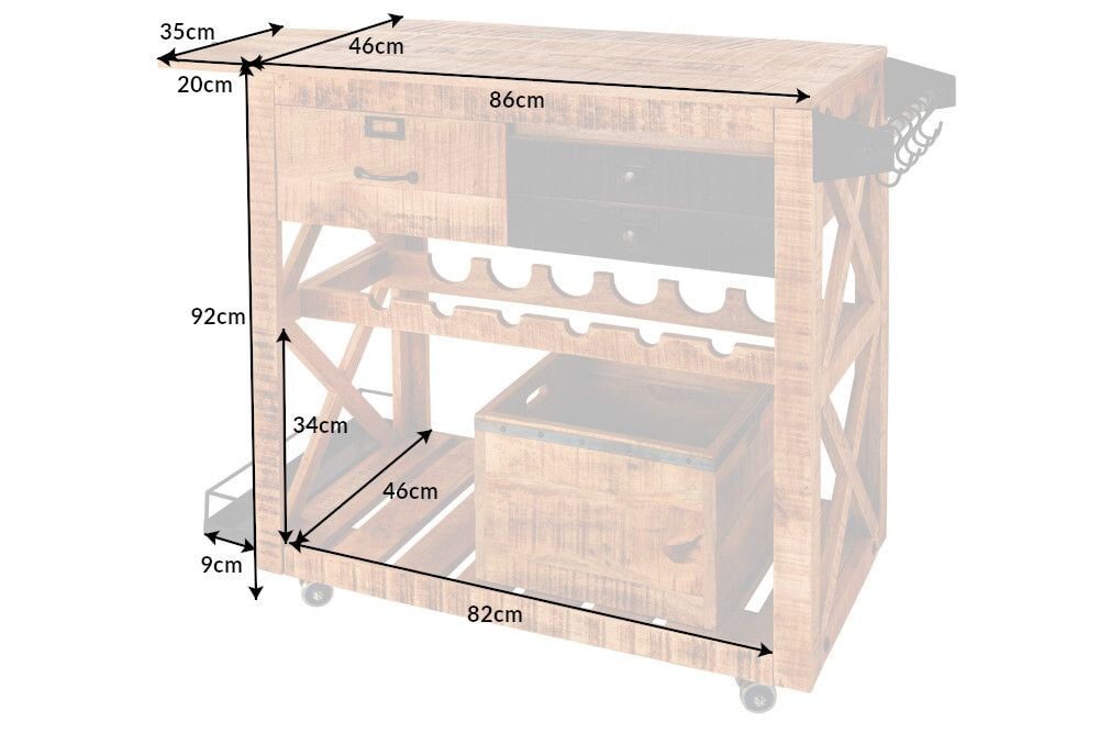 Industrial Barschrank BODEGA 86cm Mangoholz Servierwagen mit Weinregal und Aufhängung