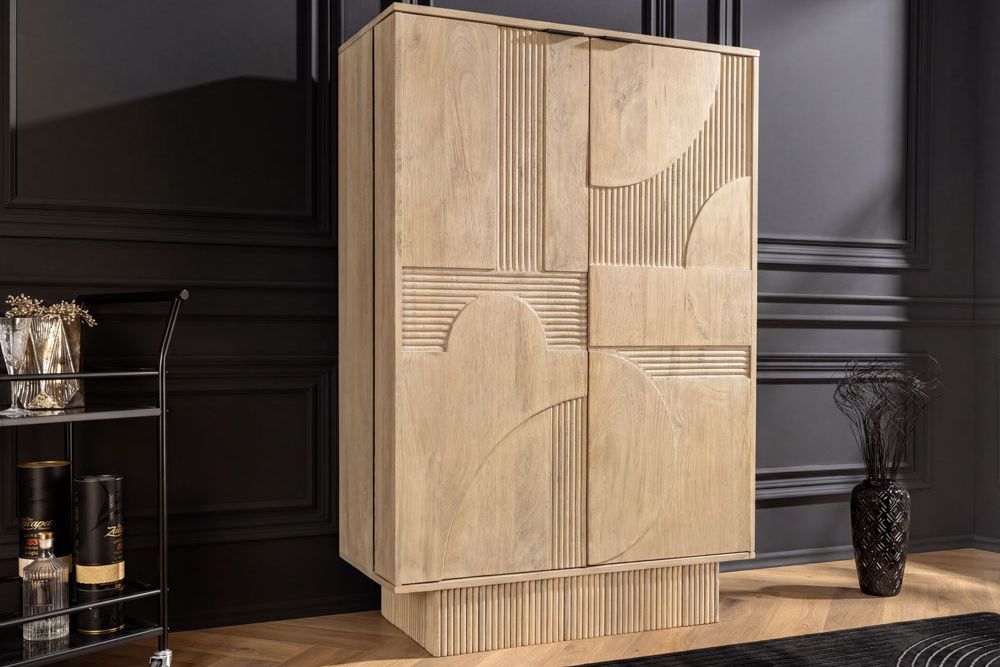 Massiver Barschrank ART DECO 140cm weiß gekälkt Mangoholz 3D-Front Highboard