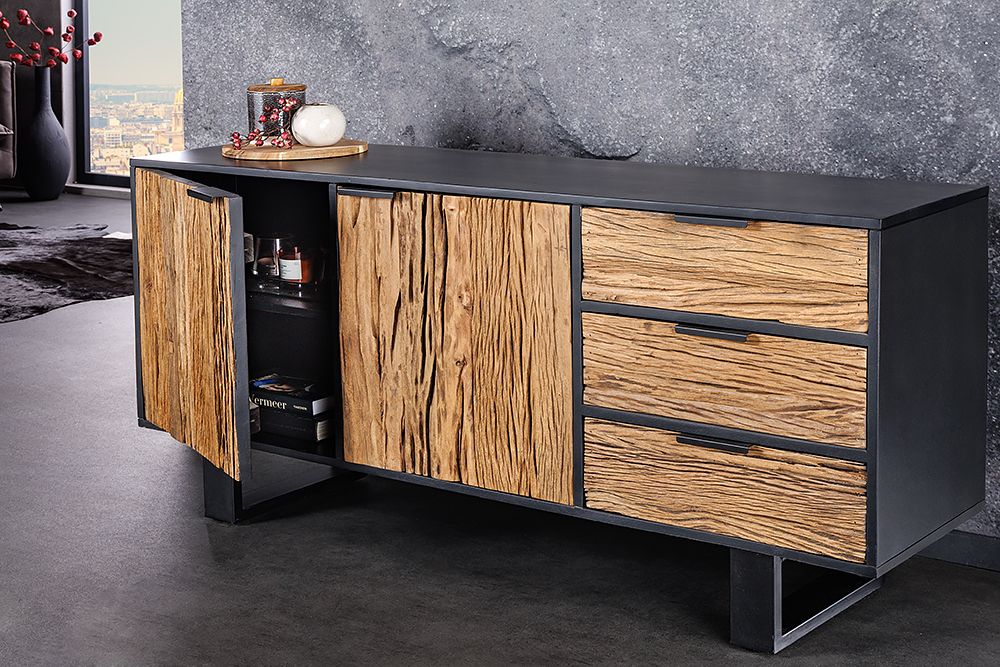 Massivholz Sideboard BARRACUDA 150cm Teak Mango schwarz Metall recycelt