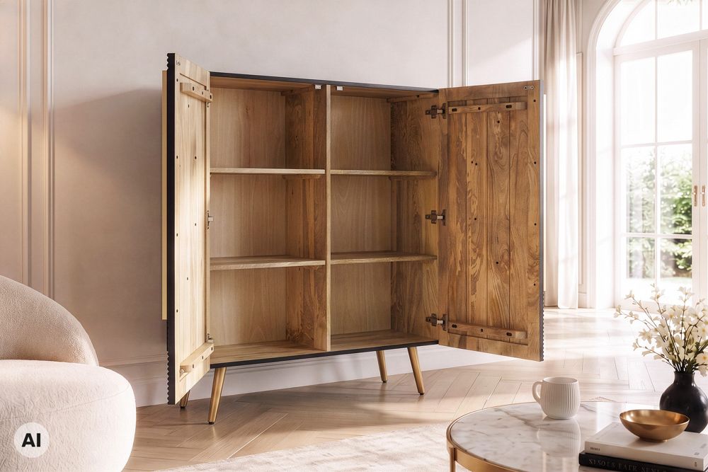 Massives Highboard AURUM 120cm schwarz Mangoholz mit ikonischem Gold-Element