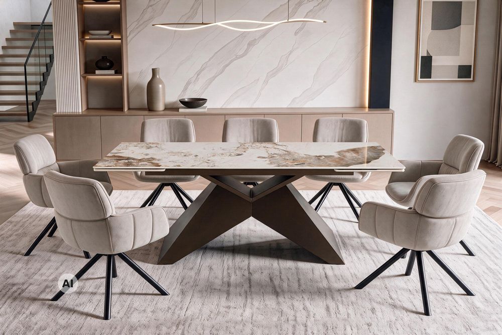 Design Esstisch DIAMOND 180-260cm weiß braun Pandora Keramik Metallgestell bronze