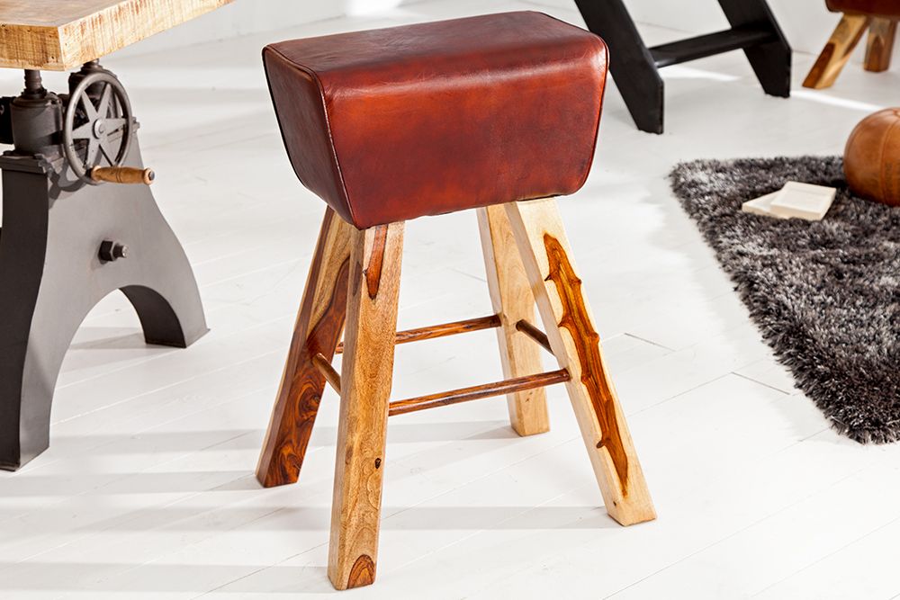 Retro Barhocker TURNBOCK 75cm mit Echtleder Bezug Mangoholz Barstuhl
