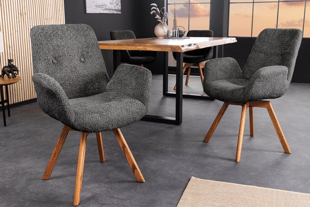 Drehbarer Design Stuhl BALTIC dunkelgrau Bouclé natur Eiche Massivholz mit Armlehne
