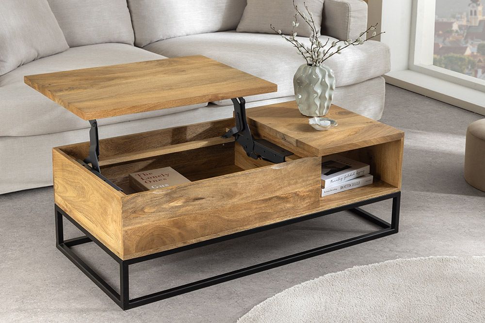 Höhenverstellbarer Couchtisch MAKASSAR FUNCTION 110cm natur cream finish Mangoholz massiv