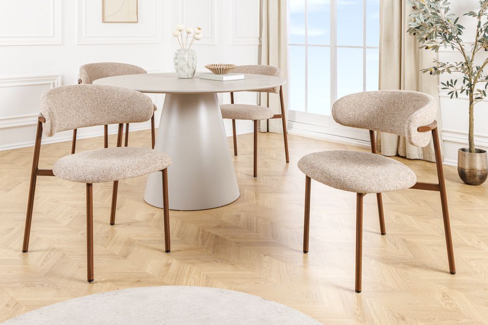 Design Stuhl BELFORT taupe beige Strukturstoff Metallgestell Walnuss