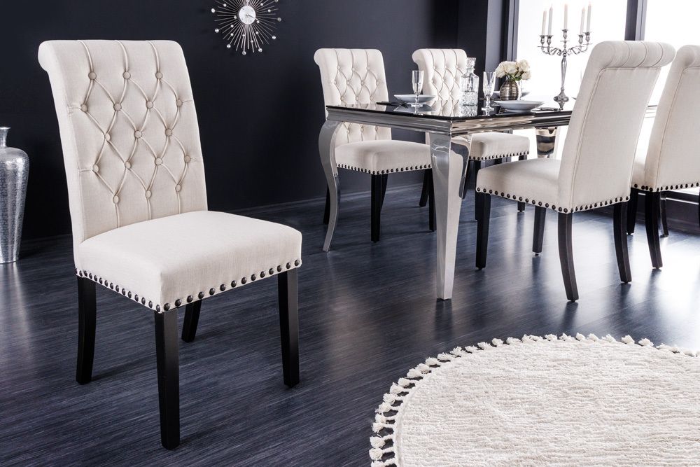 Design Stuhl CASTLE beige schwarz Strukturstoff Holzfüße Chesterfield