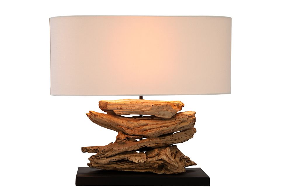 Handgearbeitete Treibholz Lampe RIVERINE 55cm creme Leinenschirm Tischleuchte
