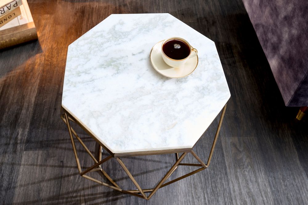 Design Beistelltisch DIAMOND 50cm weiß Marmor messing Metall