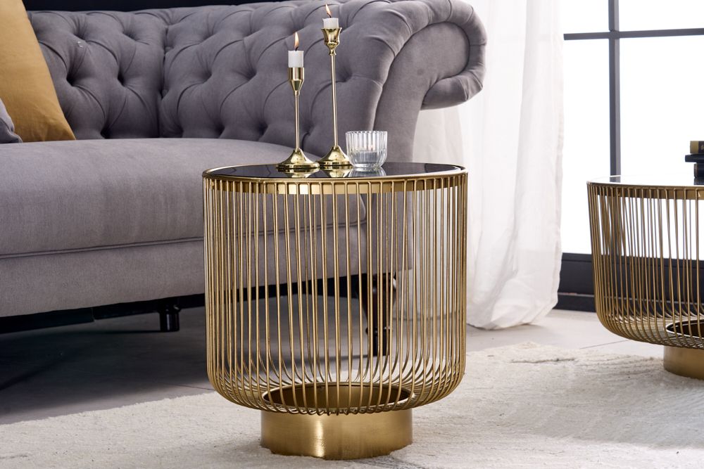 Filigraner Design Beistelltisch VARIATION 50cm gold Metall rund Schwarzglas Handarbeit