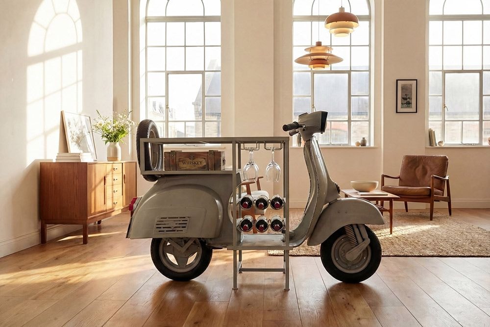 Extravaganter Bartisch SCOOTER 180cm salbei Retro-Konsole Motorroller Mangoholz Upcycling