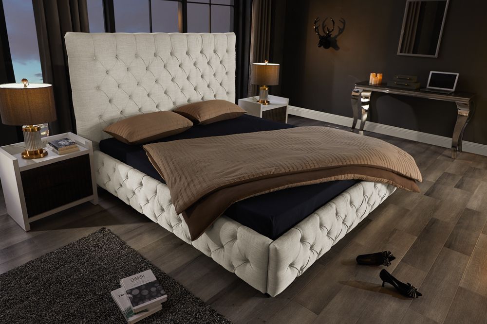 Design Boxbett PARIS 180x200cm beige Leinen Chesterfield Doppelbett