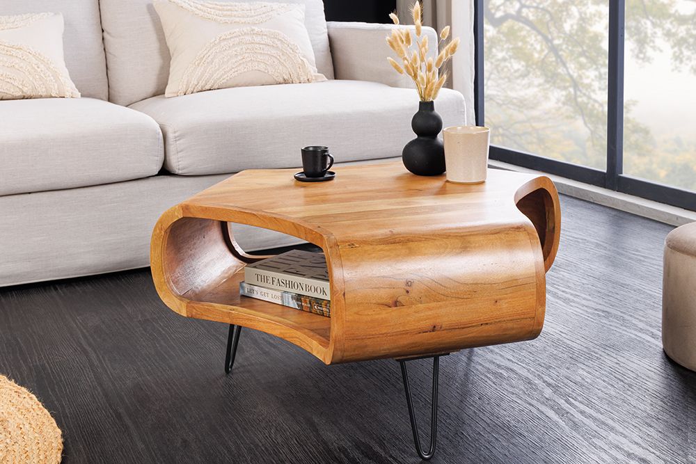 Retro Couchtisch ORGANIC LIVING 70cm braun Akazie Massivholz honey finish  Stauraum