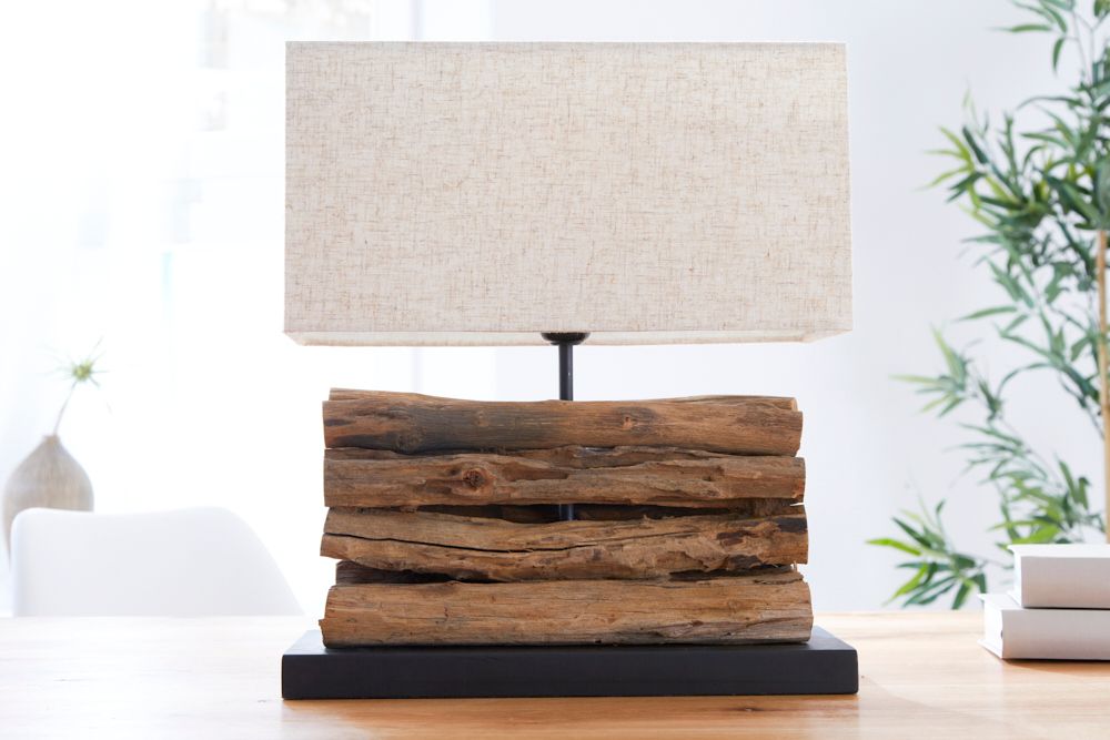 Handgefertigte Tischlampe PERIFERE 40cm beige Treibholz Leinenschirm