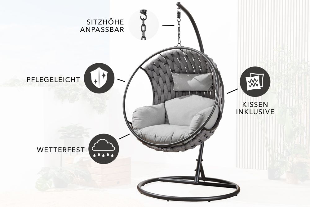 In- und Outdoor Hängesessel ROPE anthrazit grau mit Gestell wetterfest inkl. Kissen