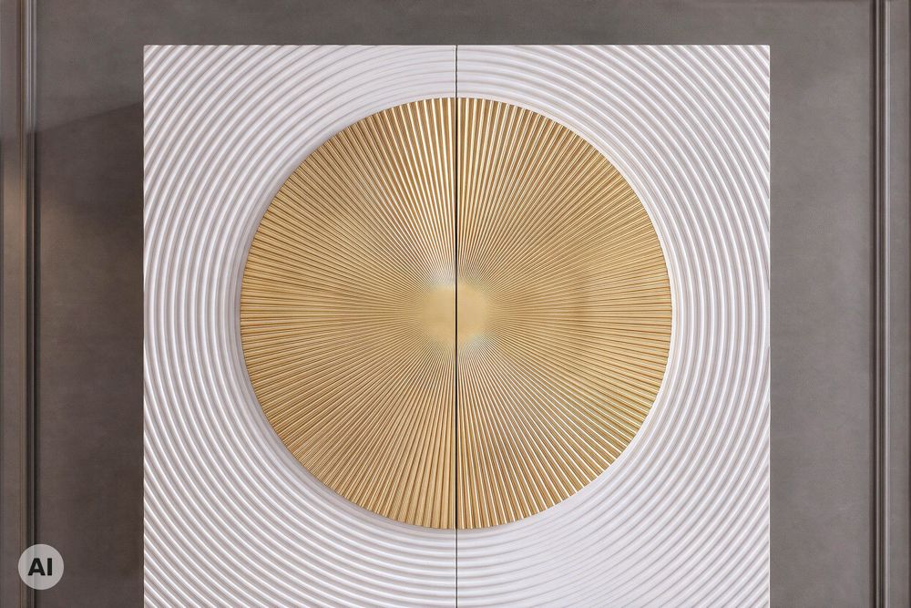 Massives Highboard AURUM 120cm weiß mit ikonischem Gold-Element