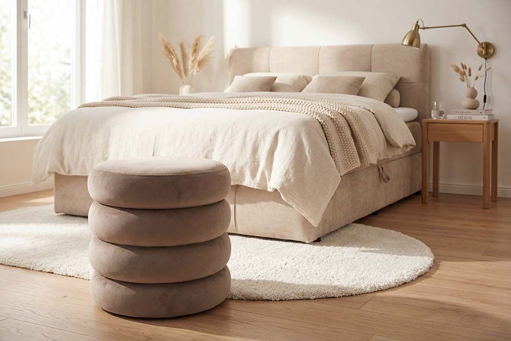 Runder Polsterhocker VOGUE 40cm champagner greige Samt mit Stauraum