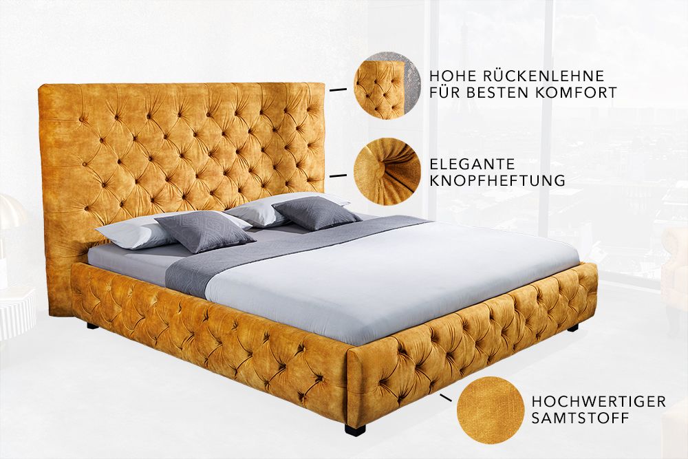 Queensize Doppelbett PARIS 160x200cm senfgelb Samt Chesterfield Design