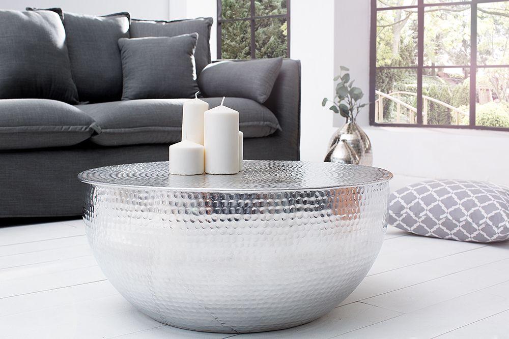 Runder Couchtisch ORIENT II 60cm silber Metall Aluminium Hammerschlag Design handmade