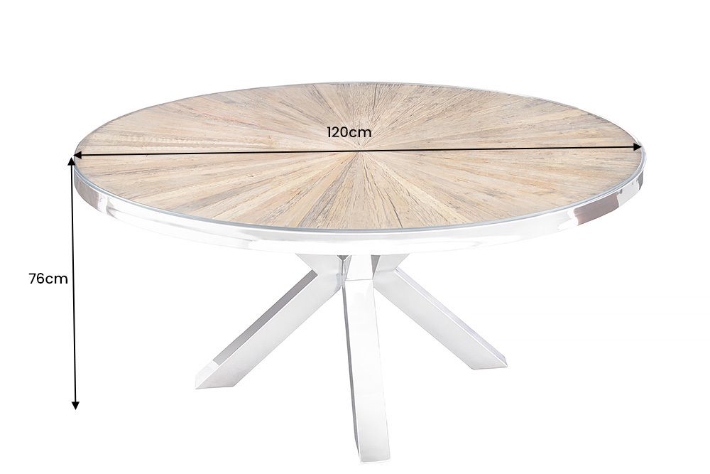 Runder Esstisch BARRACUDA 120cm braun Teak Massivholz Glasplatte silber Edelstahl verchromt