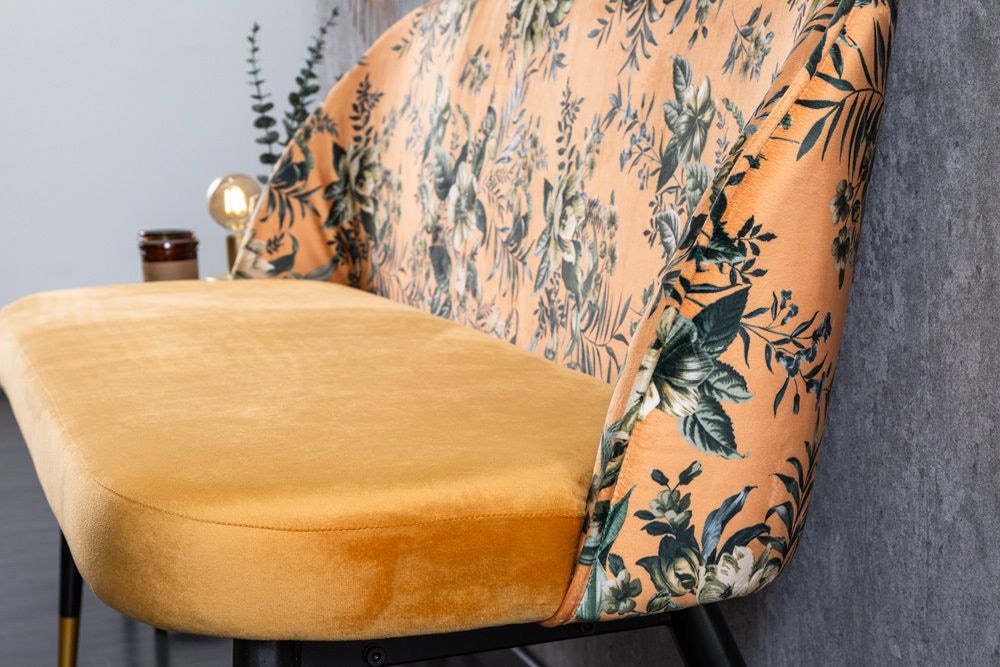 Design Bank PRÊT-À-PORTER gelb Samt florales Muster und goldene Fußkappen