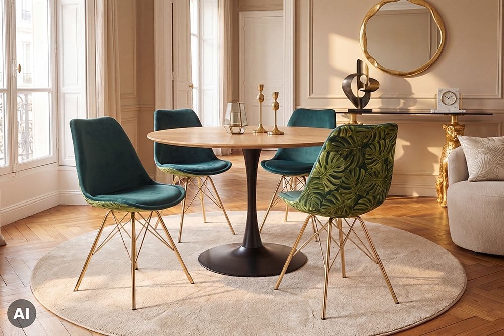 Design Stuhl SCANDINAVIA MEISTERSTÜCK grün Chenille gold Metall Monstera-Blatt