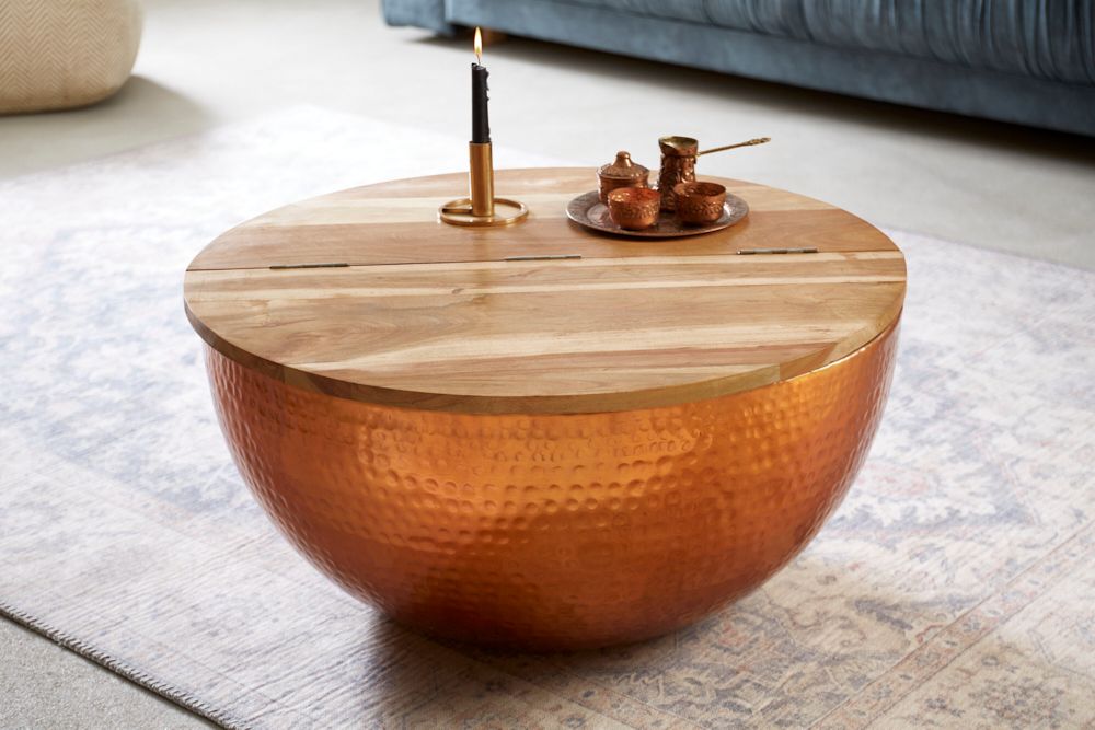 Runder Couchtisch ORIENT STORAGE 60cm kupfer Hammerschlag handmade Akazienholz mit Stauraum